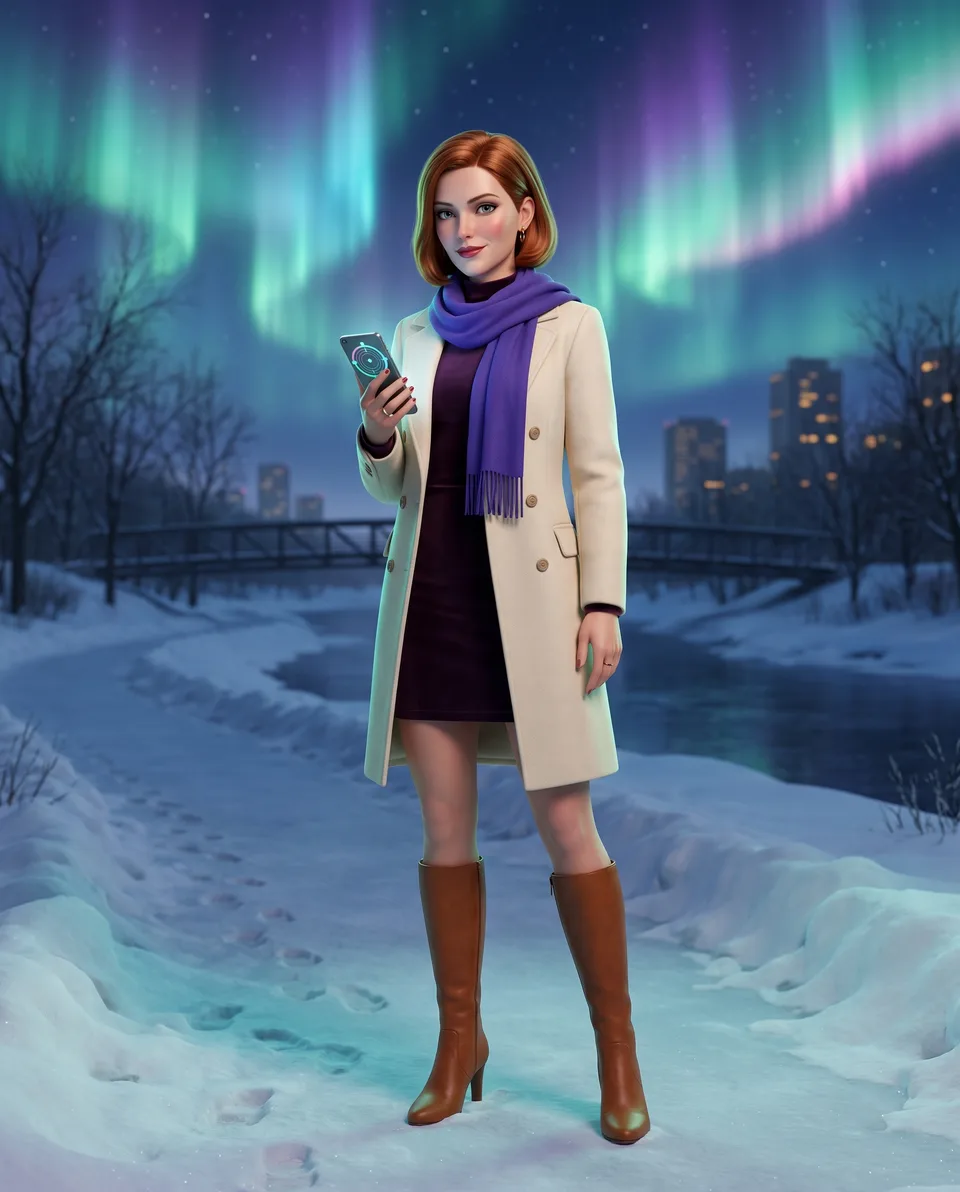 A young woman in a short ivory coat over a plum dress, with a violet scarf, stands on a snowy frozen river trail at night under green and violet northern lights, looking at a phone that shows a round compass-style map.