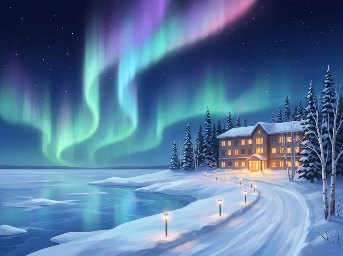 Stylised night illustration of a resort hotel among spruce trees beside a frozen lake shore, warm windows reflecting on the ice under bright green northern lights.
